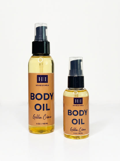 House of Imela Golden Crème Moisturizing Body Oil, 2 oz and 4 oz pump bottles
