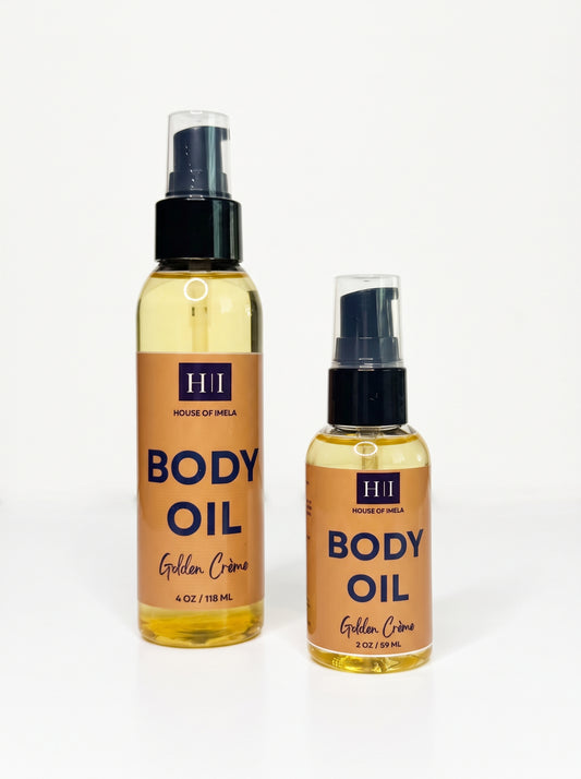 House of Imela Golden Crème Moisturizing Body Oil, 2 oz and 4 oz pump bottles