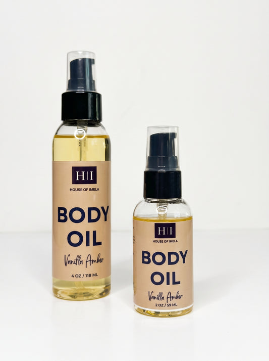 House of Imela Vanilla Amber Moisturizing Body Oil, 2 oz and 4 oz pump bottles