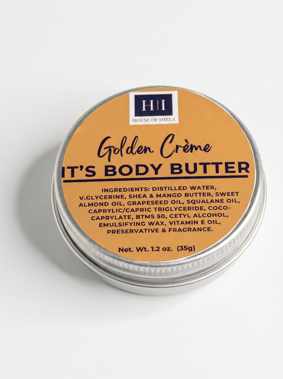 House of Imela Golden Crème Body Butter mini tin, 1.2 oz (35 g), lid with ingredients