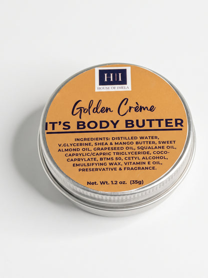 House of Imela Golden Crème Body Butter mini tin, 1.2 oz (35 g), lid with ingredients