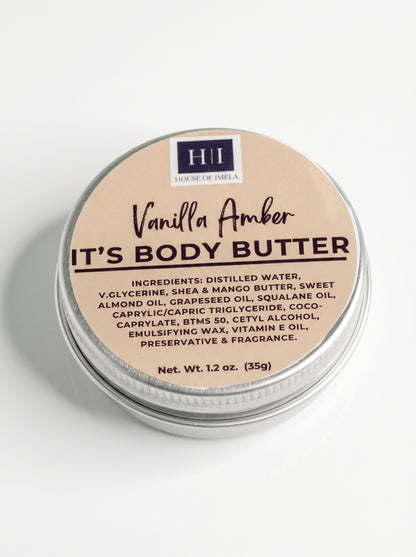 House of Imela Vanilla Amber Body Butter mini tin, 1.2 oz (35 g), lid with ingredients