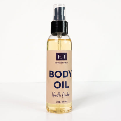 House of Imela Vanilla Amber Moisturizing Body Oil, 4 oz pump bottle