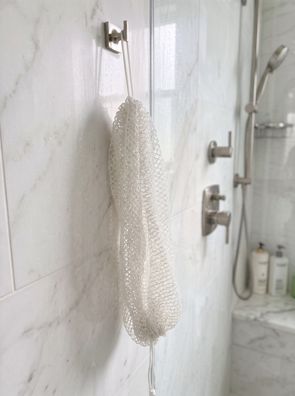 White African net sponge hanging in a shower